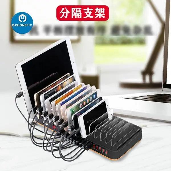 PHONEFIX 15-port USB charging station organizer with multiple slots for phones, tablets, and laptops in a sleek design.
