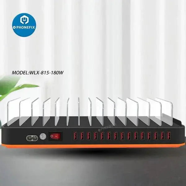PHONEFIX 15-Port USB charging station organizer for multiple phones, tablets, and laptops with organized cable management.