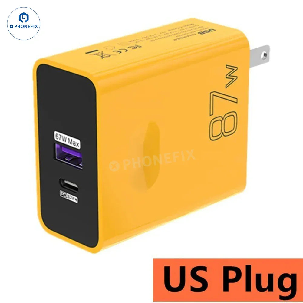 PHONEFIX 87W full protocol super fast USB charging adapter with dual ports for phone charging, shown plugged into a power outlet.