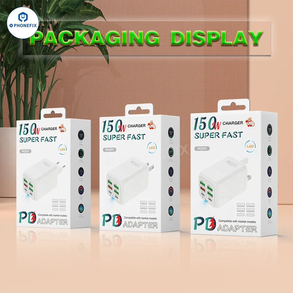 PHONEFIX 150W multi-port USB travel charger with multiple charging ports and compact design for fast phone charging on the go.