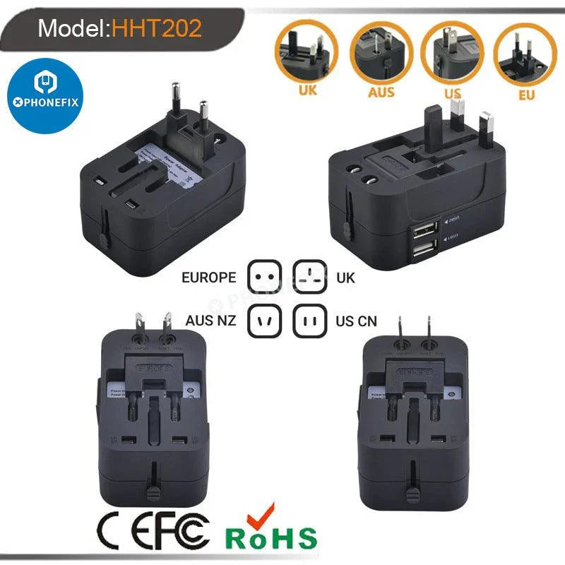 PHONEFIX universal dual USB travel adapter for phone charging, compact conversion plug for international travel.
