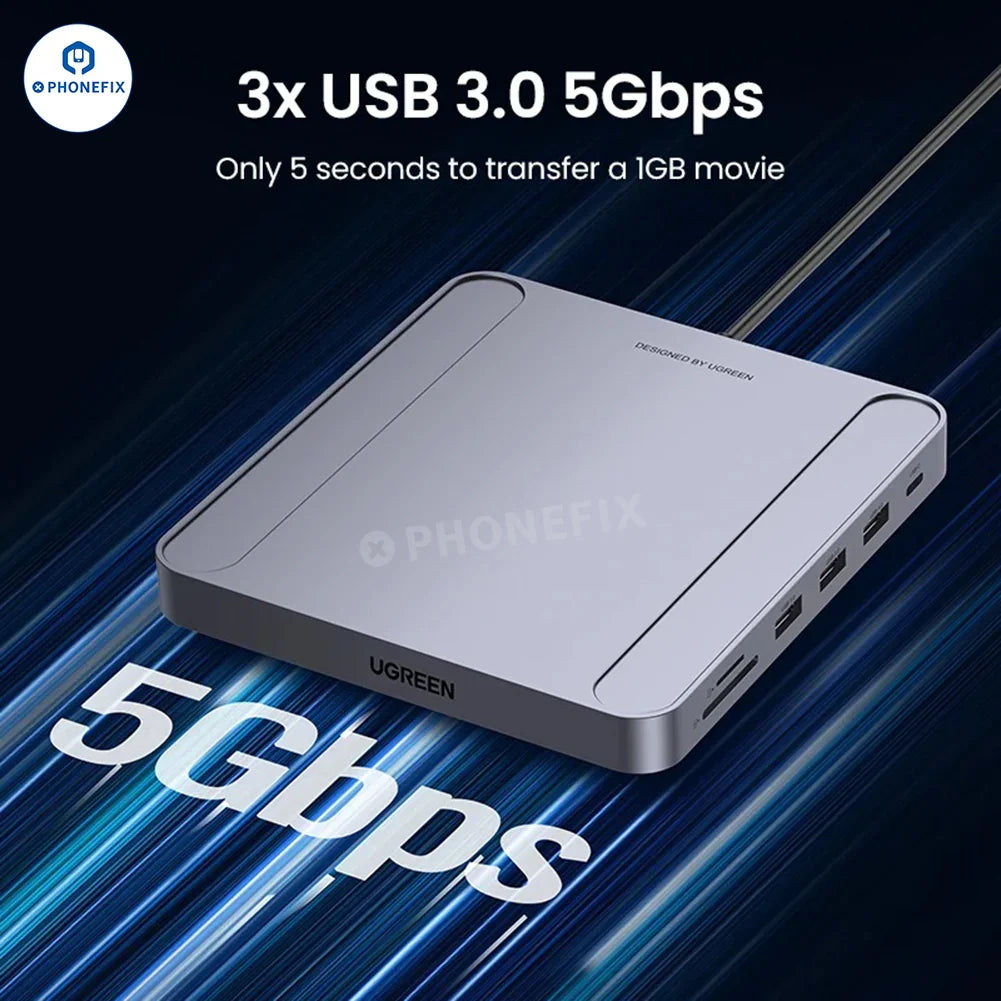 UGREEN 7-in-1 USB C HUB with SD/TF card slots and USB-C charging port on iMac, showing ports and connection features.