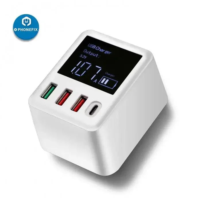 PHONEFIX Mini USB 3.0 wall charger with LED display and Type-C port for fast phone charging.