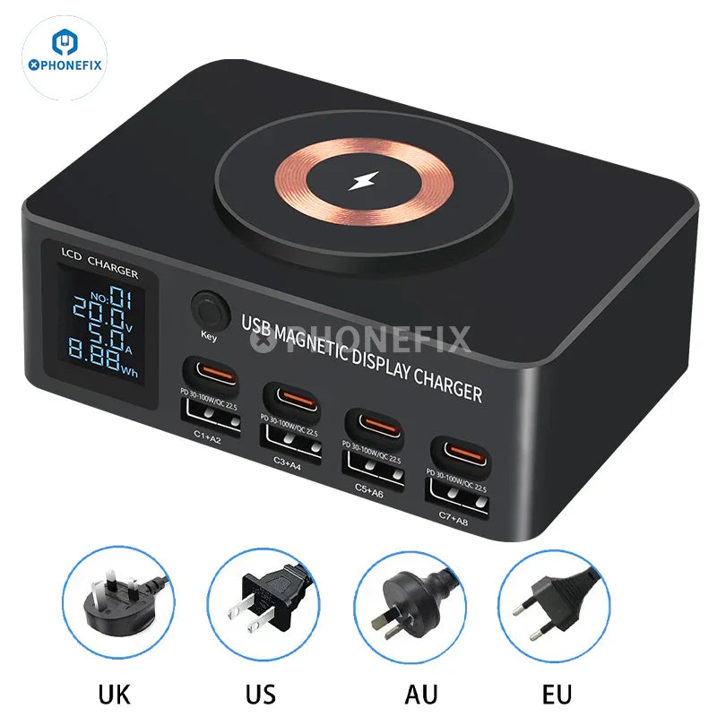 PHONEFIX i-Charger 140W USB Type-C PD charger with magnetic wireless charging pad for smartphones, compact and modern design.