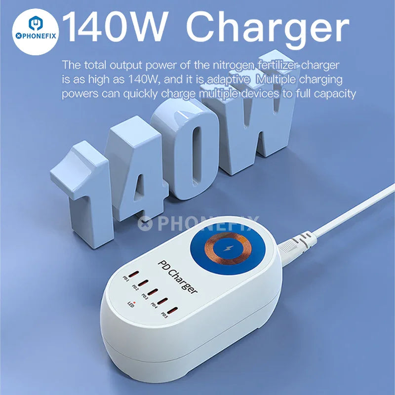 PHONEFIX i-Travel 140W 5-port PD GaN digital multi-port wireless fast charger with multiple USB-C and USB-A ports for phones.