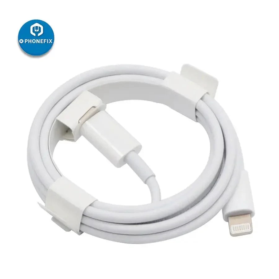PhoneFIX USB C to Lightning charging cable for iPhone, iPad, and MacBook, showing the cable connected to Apple devices.
