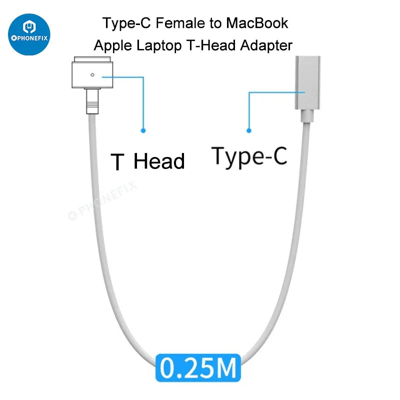 PHONEFIX 5-pin DC cord cable with T-style plug for MagSafe 2 charger and AC power adapter, used for phone USB charging.
