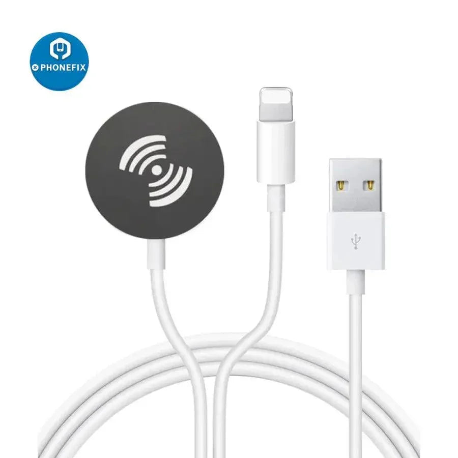 PHONEFIX 2-in-1 portable USB charger cable for Apple Watch, iPhone, and iPad, compatible with phone and tablet charging.