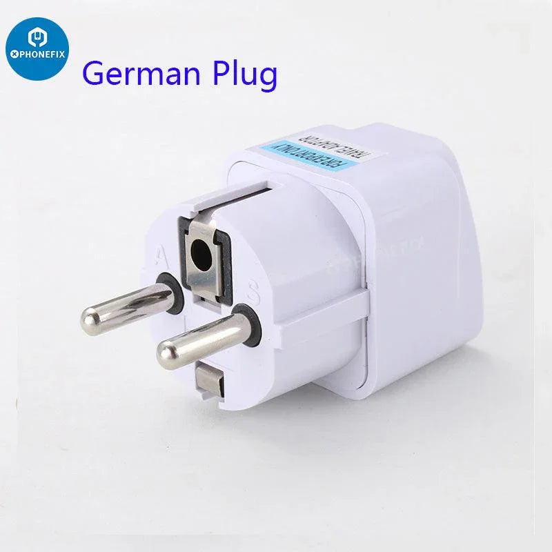 PHONEFIX universal charger converter with US, UK, EU, AU plugs for phone USB charging, compact and versatile power adapter.