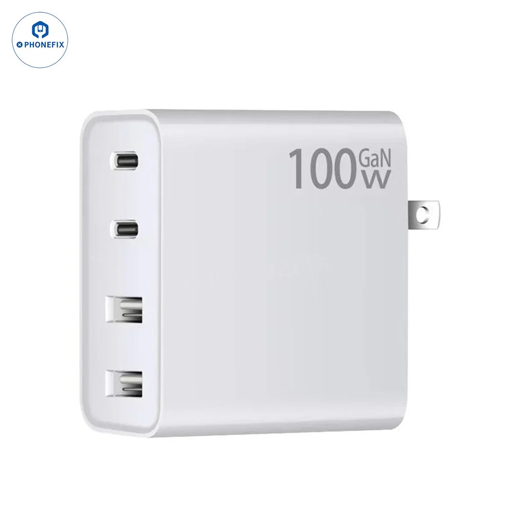 PHONEFIX 100W GaN PD charger with convertible plug, designed for fast USB charging of laptops and smartphones.