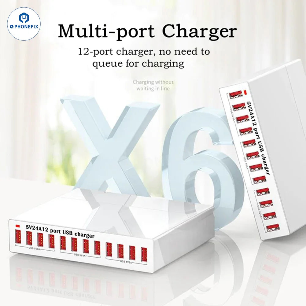 PHONEFIX 150W 12-port USB charger station with fast charging for iPhone and iPad, featuring multiple USB ports for device charging.