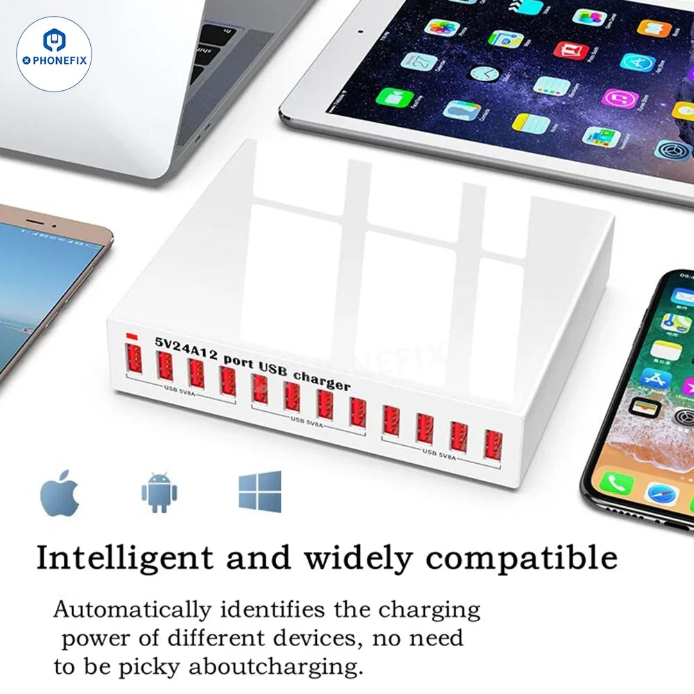 PHONEFIX 150W 12-port USB charging station for iPhone and iPad, fast charging phone USB charger with multiple ports.
