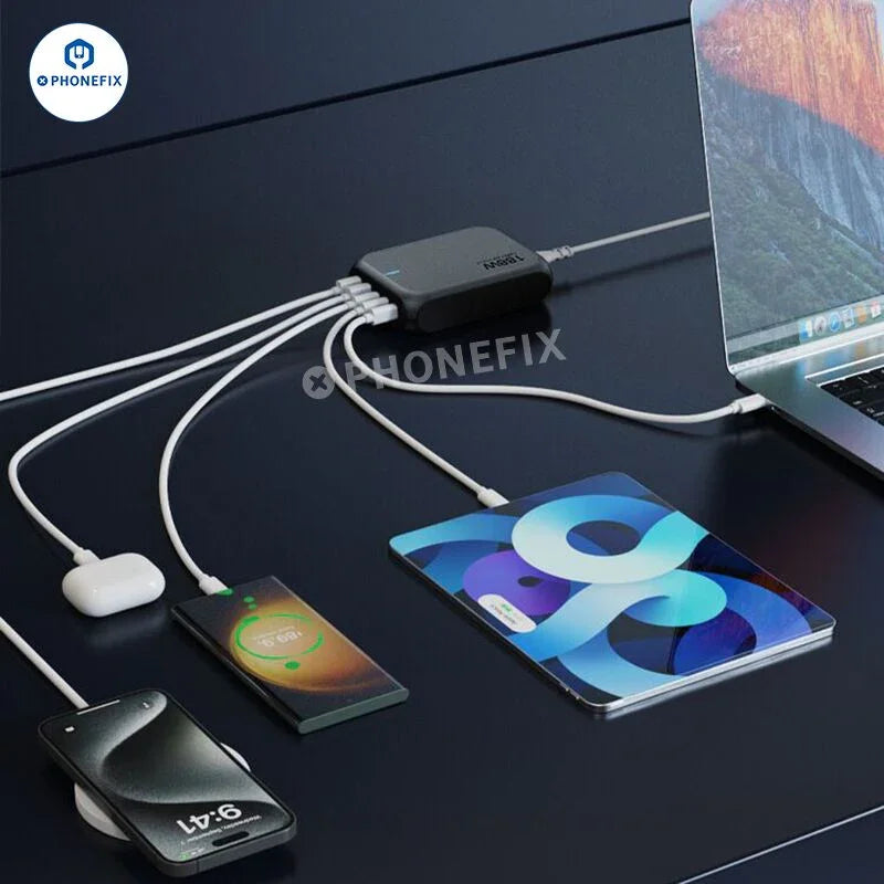 PHONEFIX 188W GaN charger for phones and laptops with PD3.1 fast charging station and power cables, compact and modern design