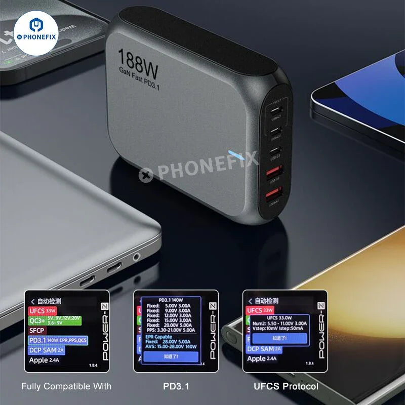 PhoneFix 188W GaN charger for phones and laptops with PD3.1 fast charging, shown with power cables and compact design.