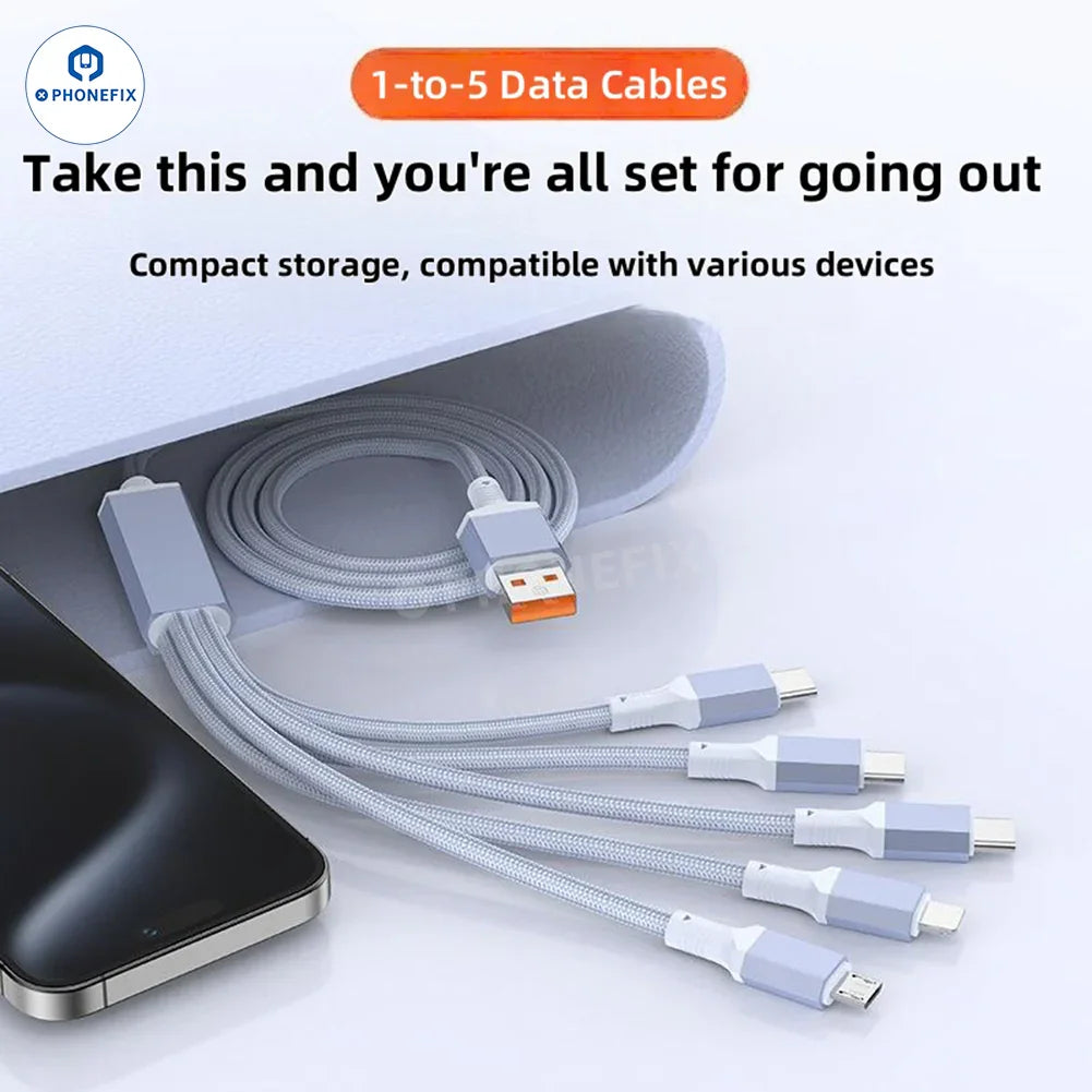 PHONEFIX 5-in-1 100W fast charging data cable with USB-C, Lightning, and Micro ports, versatile power cable for multiple devices.