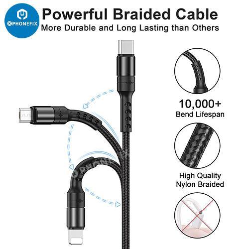 PHONEFIX 3-in-1 USB charging cable with Apple Lightning, Type-C, and Micro USB connectors for versatile device charging.