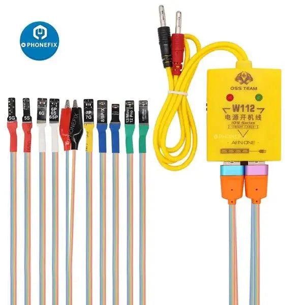All-in-one PHONEFIX W112 iPhone DC power supply cable for iPhone 5 to 12 Pro Max, showing the versatile charging connector.