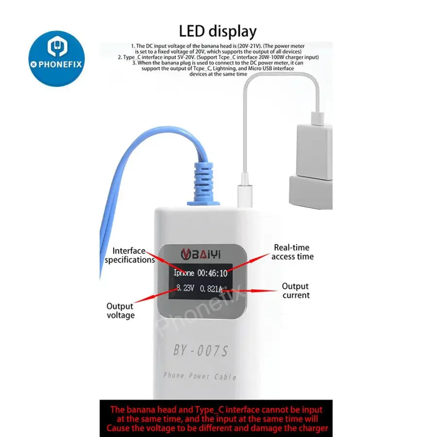 PHONEFIX BY-007S multi-function charging detection cable for Apple MacBook, USB-C power cable with detection features.