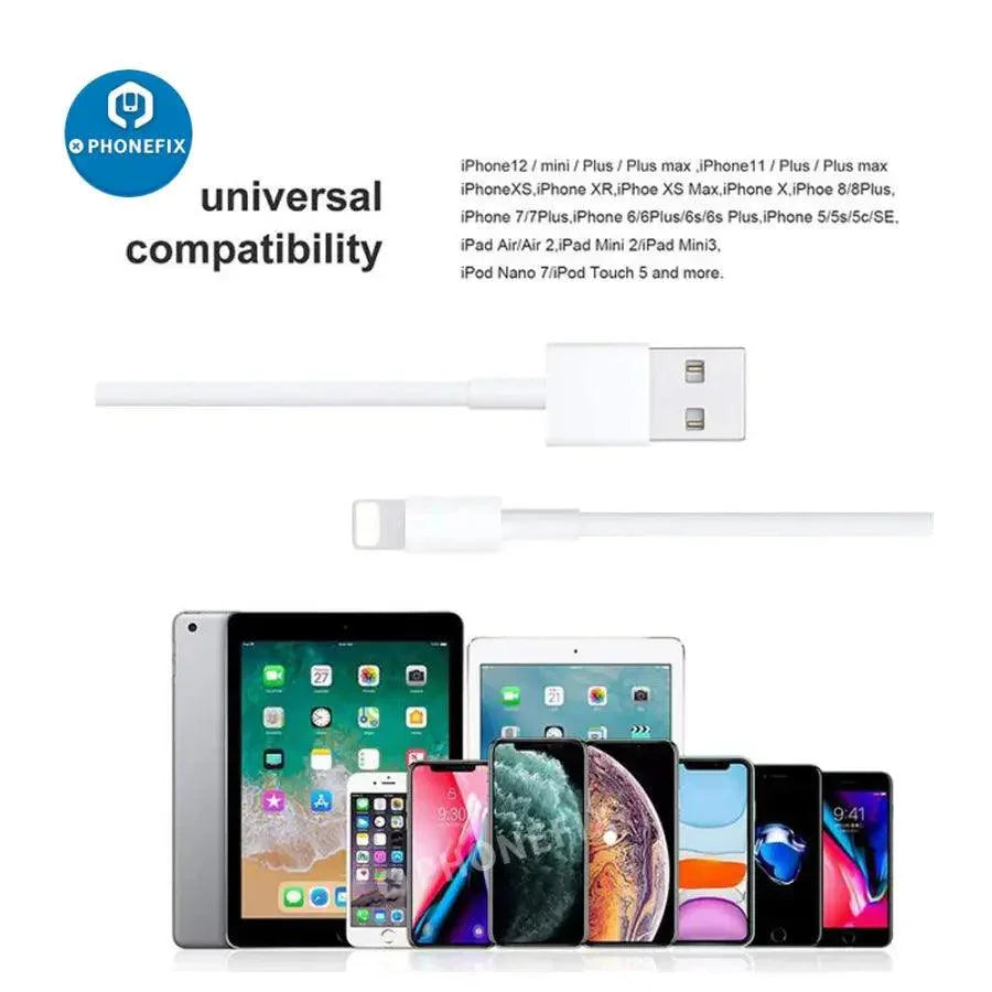 MFi certified fast charging Lightning cable for iPhone, iPad, and iPod by PHONEFIX, connected to a device.