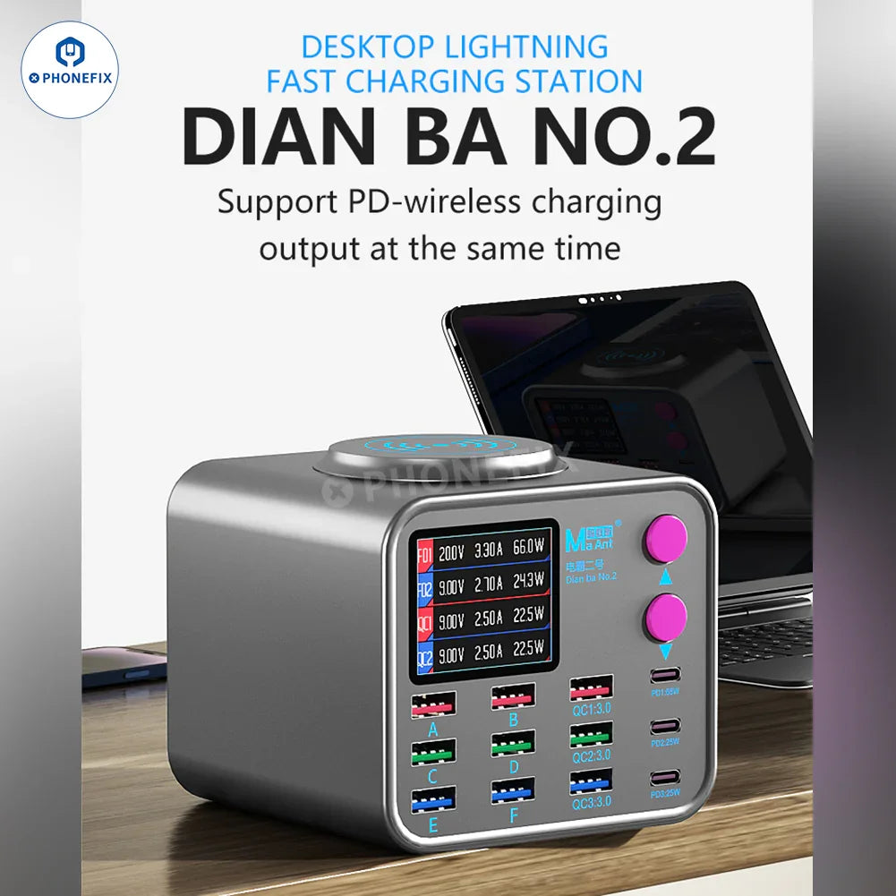 PHONEFIX MaAnt DianBa No.2 digital PD fast charger with 13 ports and wireless charging, shown with power cables and multiple device connections.