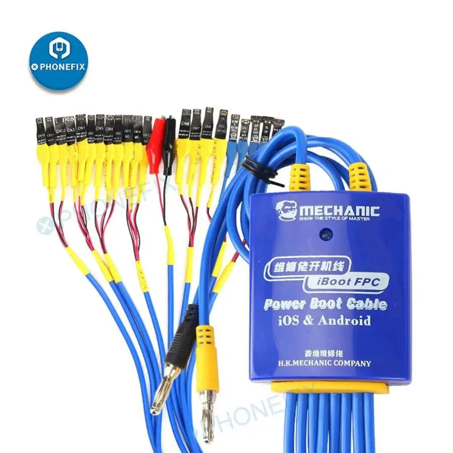 PhoneFix mechanic iBoot FPC box DC power boot line cable for iOS and Android devices, shown connected to smartphone components.
