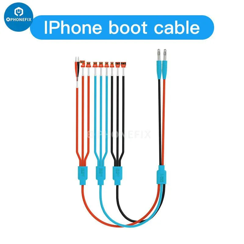 MaAnt Power Boot Cable by PHONEFIX for iPhone and Android phone repair, compatible with iPhone 6 to 14 Pro Max, shown connected to devices.