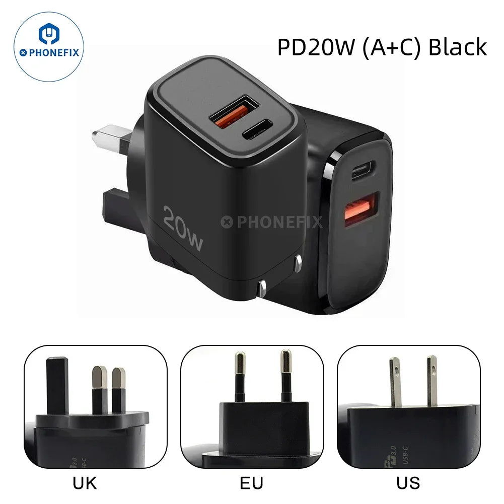 PHONEFIX PD 45W dual-port portable fast charging adapter with USB-C and USB-A ports for quick device charging.