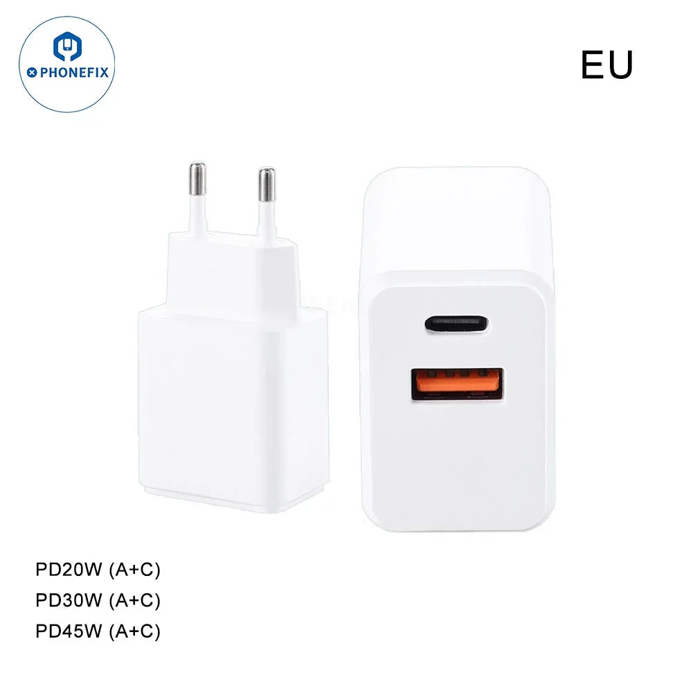 PHONEFIX PD 45W dual-port portable fast charging adapter with USB-C and USB-A ports for quick device charging.
