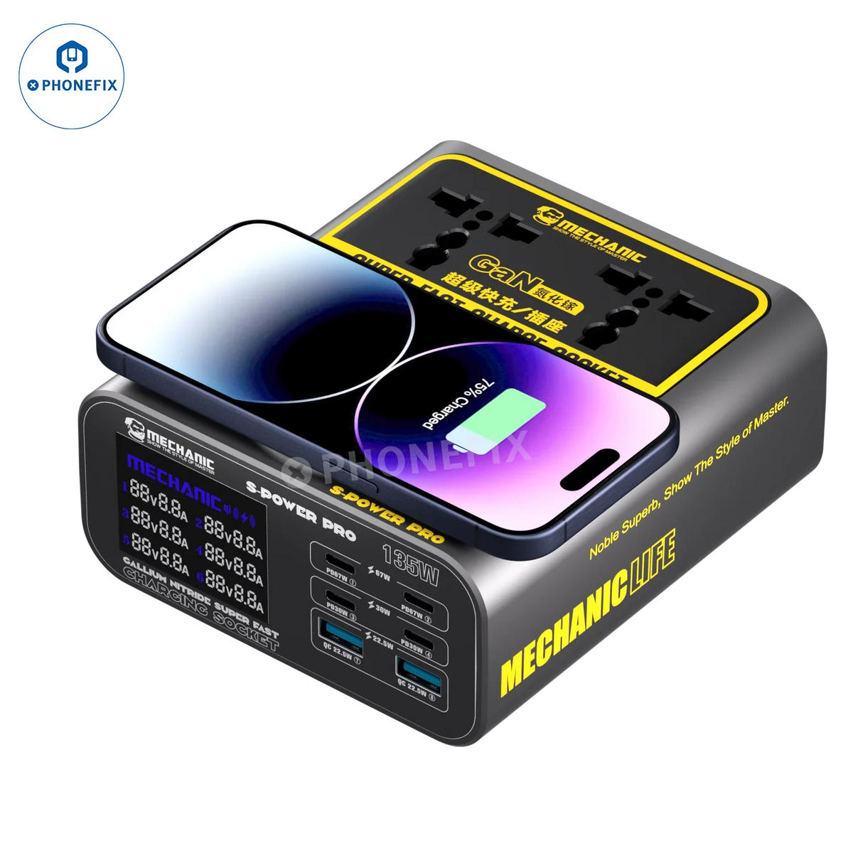 PHONEFIX Mechanic S-POWER PRO wireless charger with fast charging socket and power cable for quick device charging.