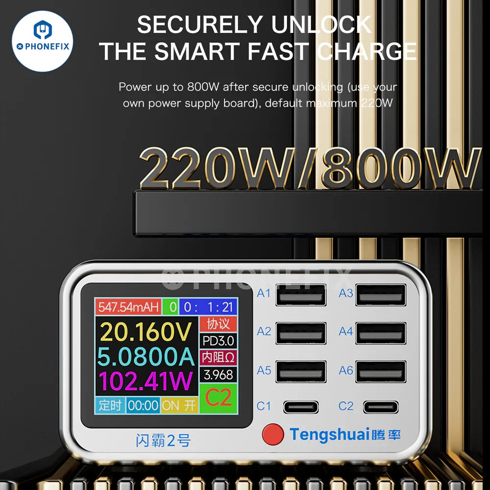 PHONEFIX TenSai 100W 8-port fast charging station with wireless charger and power cables, designed for multiple device charging.