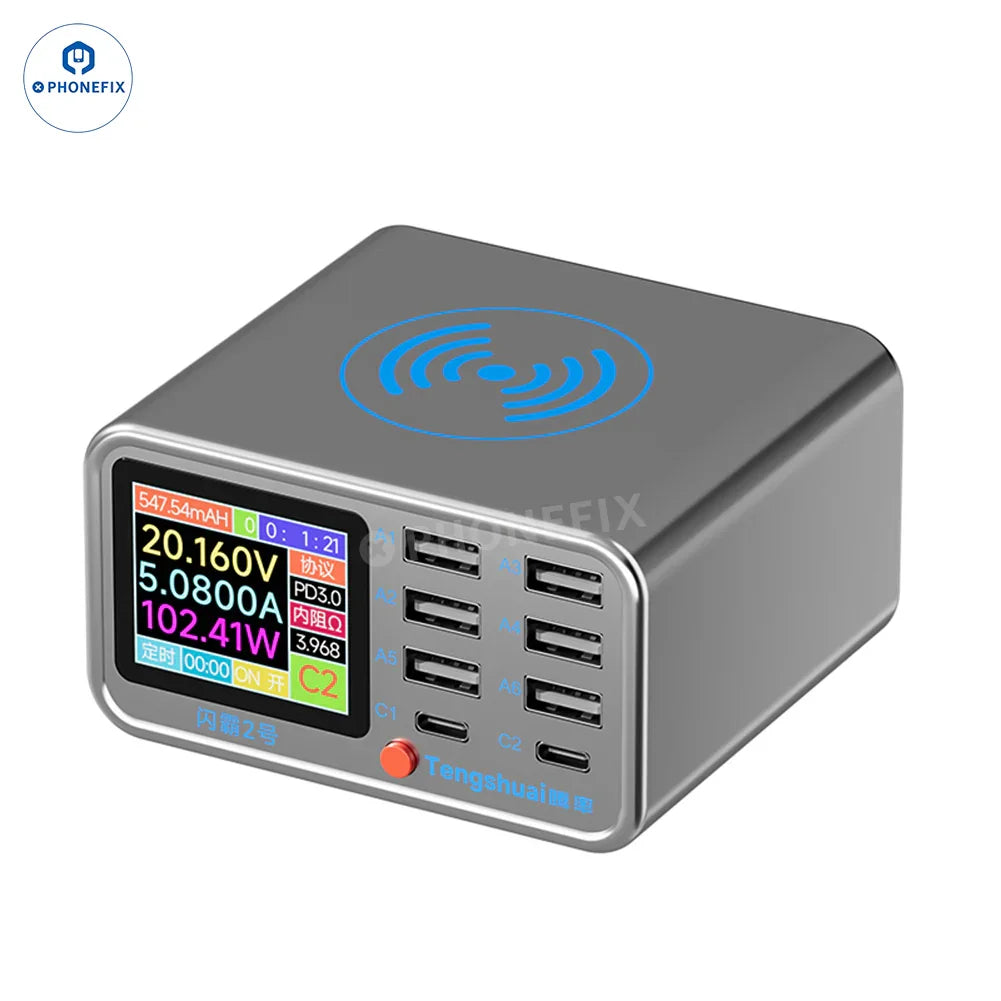 PHONEFIX TenSai 100W 8-port fast charging station with wireless charger, featuring multiple power cables and sleek design.
