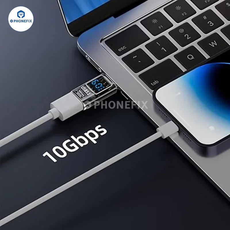 PHONEFIX digital display Type-C USB 3.2 mobile phone and laptop adapter with power cable, black and compact design.