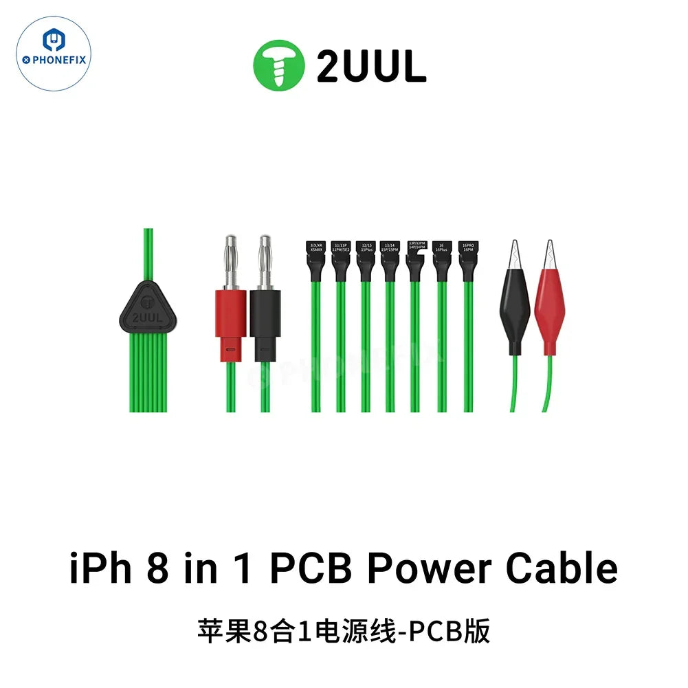 8-in-1 PCB power supply cable for iPhone 8-16 Pro Max by PHONEFIX, showing multiple connector heads for device charging and repair.