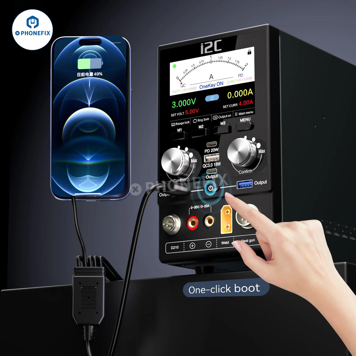 PHONEFIX i2C Boot Box power supply cable for iPhone and Android devices, featuring a one-click connection and durable design.