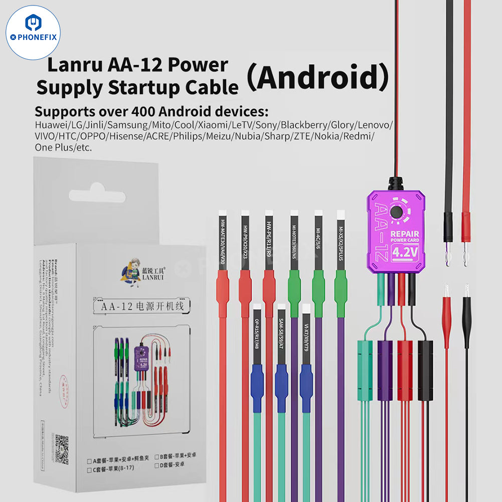 PhoneFix AA-12 power supply cable for iOS and Android smartphones, shown with USB connector and compatible device connection
