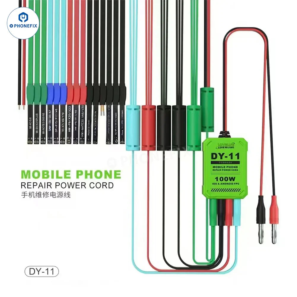 PHONEFIX MIJING DY-11 power supply cable for iPhone 8-16 and Android devices, shown with USB connector and charging port.