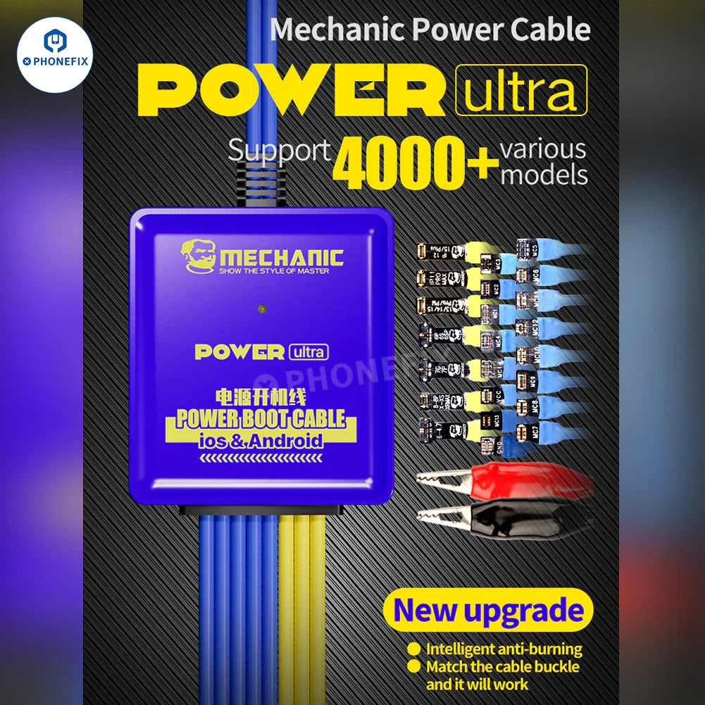 PHONEFIX Ultra Power Max/Ultra anti-burning USB cable for iPhone and Android devices, shown with a close-up of the cable and connectors.