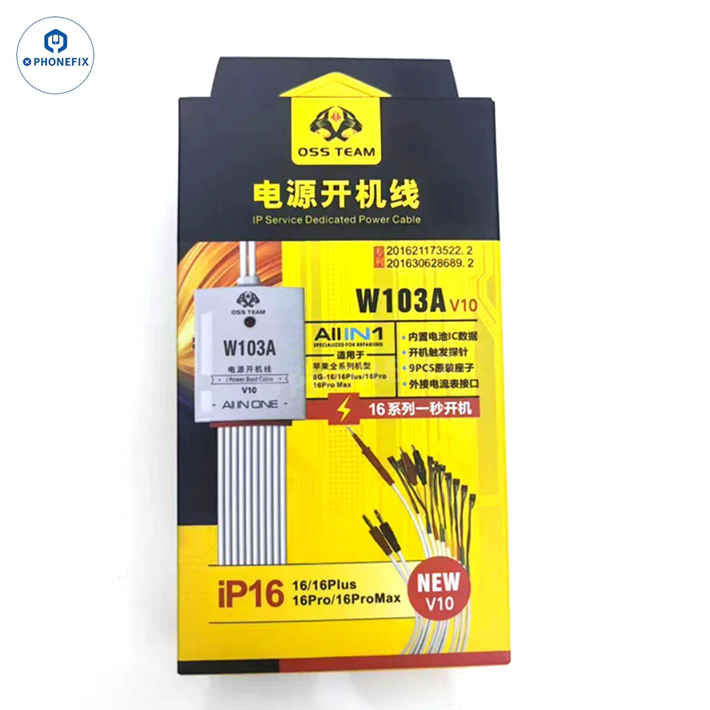 PhoneFix OSS TEAM W103A DC power supply cable for iPhone 8 to 16 Pro Max, shown in black with connectors at both ends.