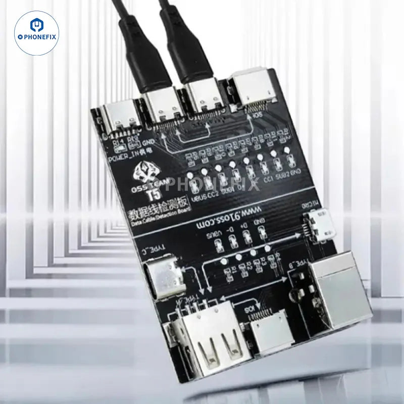 PHONEFIX OSS T5 Lightning Type-C Micro Data Cable Detection Board for power supply testing and data cable diagnostics.