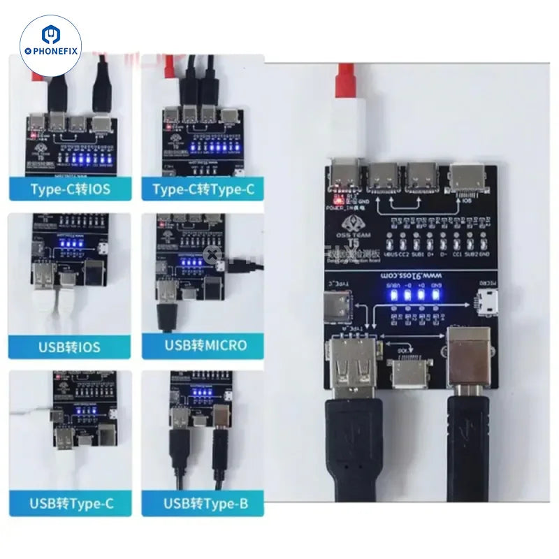 PhoneFix OSS T5 Lightning Type-C Micro Data Cable Detection Board for power supply testing, with visible circuit components and connectors.