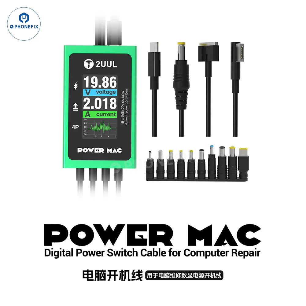 PHONEFIX 2UUL PW08 POWER MAC digital boot cable for PC, laptop, and tablet repair, used as a power supply test cable.