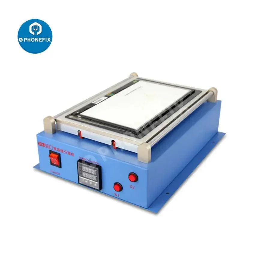 Pre-heating station for TBK-968 14-inch automatic vacuum LCD screen separator machine by PHONEFIX, showing the equipment's heated platform.