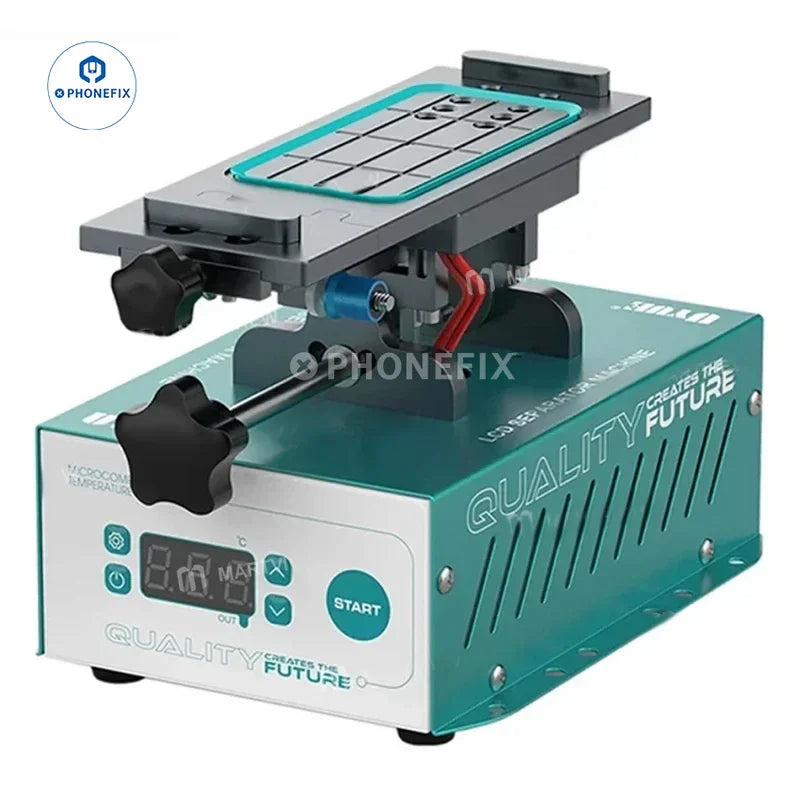 UYUE 948 MAX LCD screen separator machine pre-heating station for iPhone and Samsung by PHONEFIX, shown with machine components.