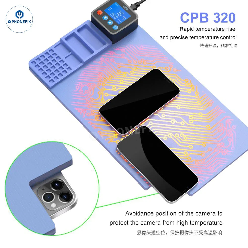 CPB Heating Pad PhoneFIX pre-heating station for LCD screen separator and repair machine, shown with electronic components.