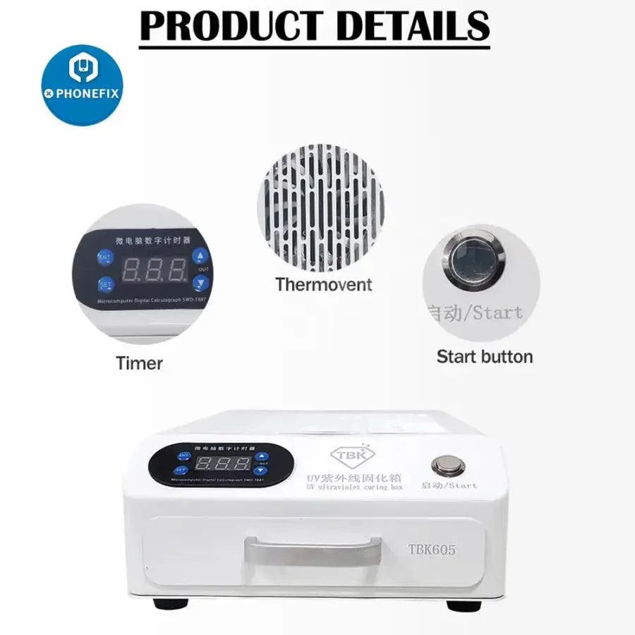Mini UV curing box oven for phone LCD repair by PHONEFIX, used as a pre-heating station for phone repair processes.