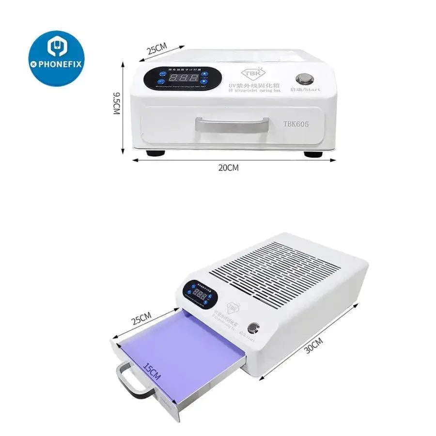Mini UV curing box oven for phone LCD repair, PHONEFIX TBK-605 model, used as a pre-heating station for phone repair.