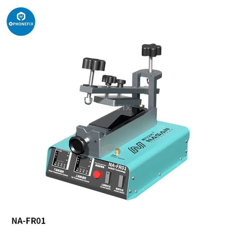 Pre-heating station with NASAN NA-SP5 rotatable edge screen middle frame separator tool, used for phone screen repairs.