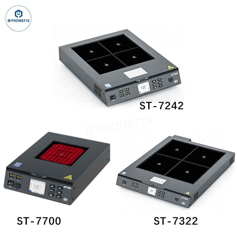 PhoneFix Atten ST-7242/ST-7322/TS-7700 series preheating platform with adjustable heating surface and control knobs.
