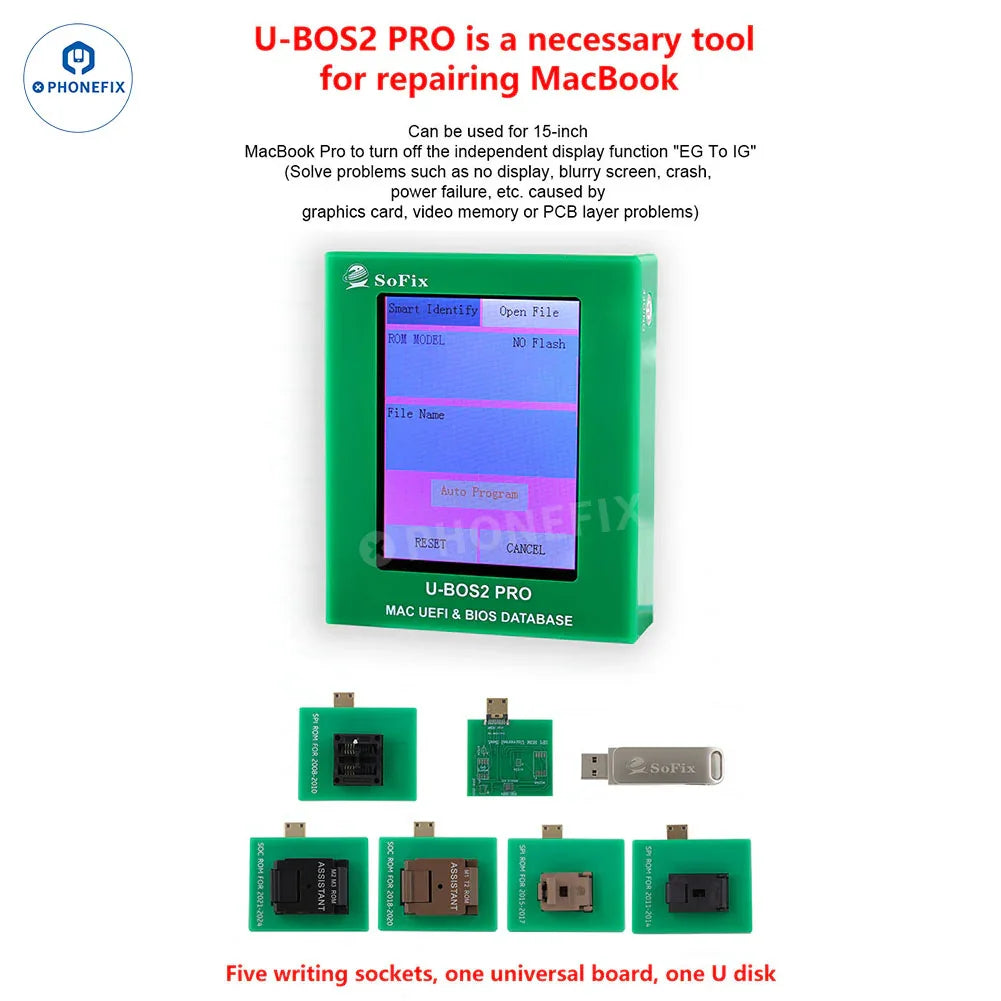 U-BOS2 PRO Data Assistant for MacBook UEFI BIOS repair, a PHONEFIX programming tool with a compact device used for BIOS database repair.