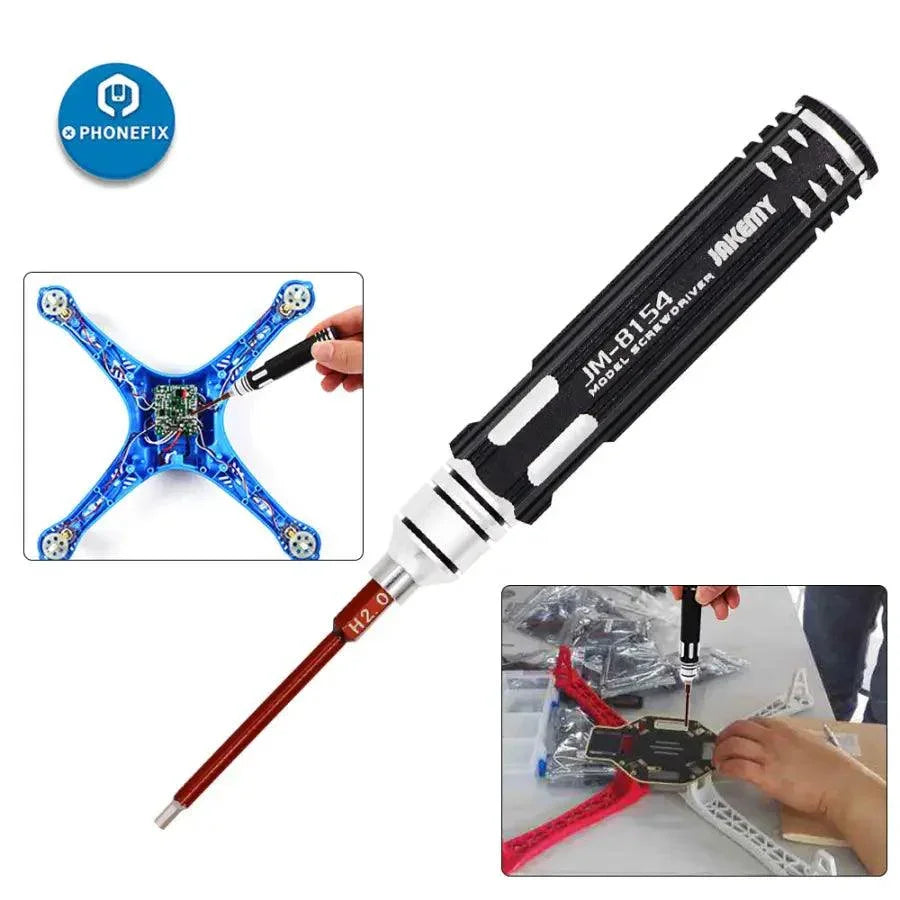 JAKEMY JM-8154 UAV screwdriver set with S2 alloy magnetic bits for RC drone repair, featuring various precision screwdriver bits.